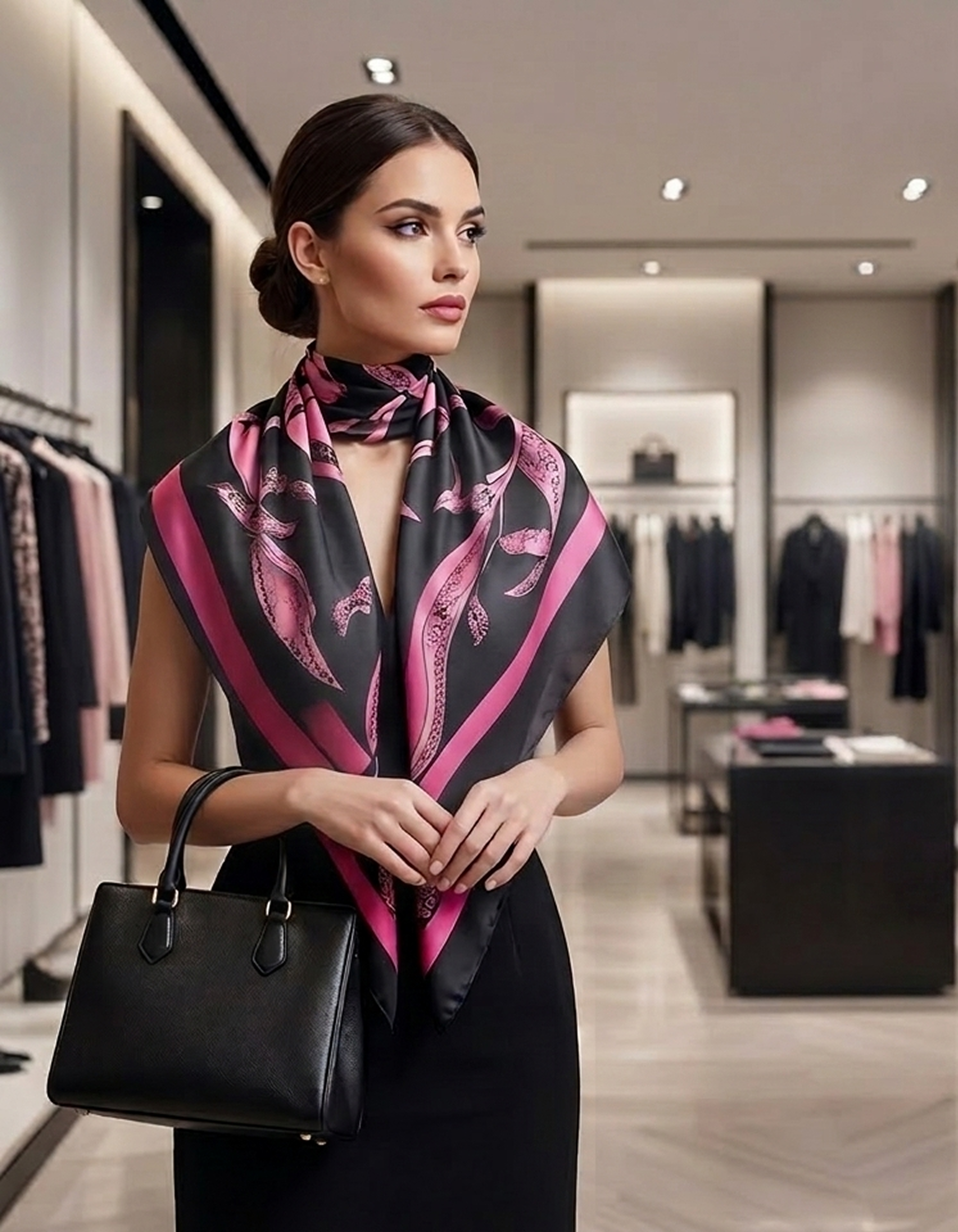 Imagem de uma mulher com o cabelo castanho em pé em uma loja, segurando uma bolsa em 
                uma loja de roupas
